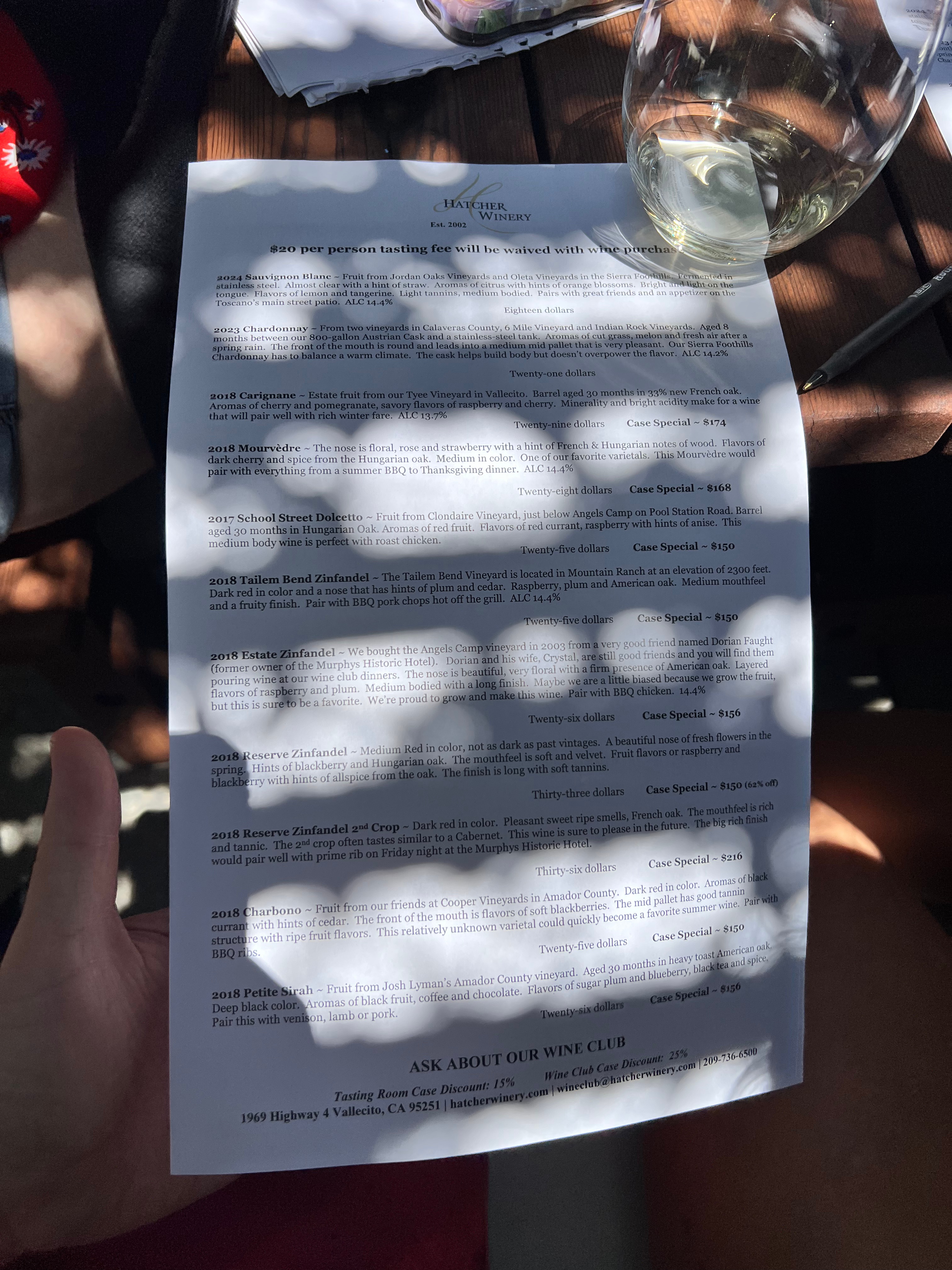 Hatcher Winery Tasting Menu